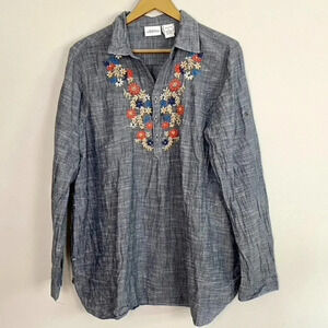 Vermont Country Store Chambray Embroidered Tunic Top